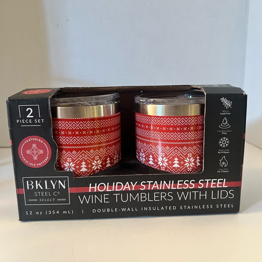 BROOKLYN STEEL CO. 12 oz Holiday Stainless Steel Wine Tumblers with Lids